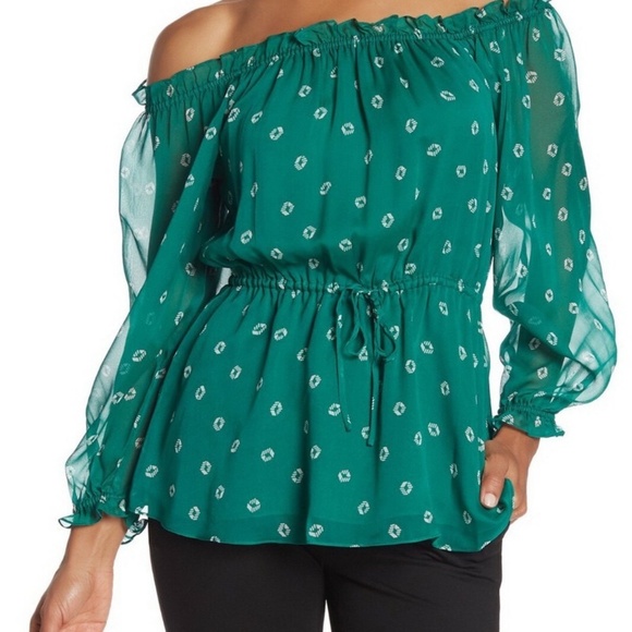 Diane Von Furstenberg Camila Green/White 100% Silk Off Shoulder Top Sz 14